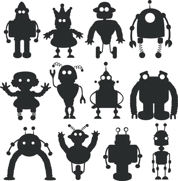 Robots de bande dessinée silhouettes ensemble — Image vectorielle