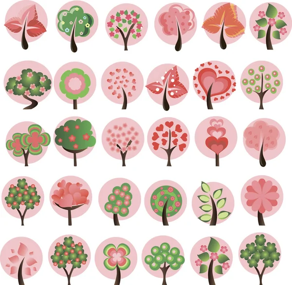 Big set of cartoon spring trees — Stock Vector