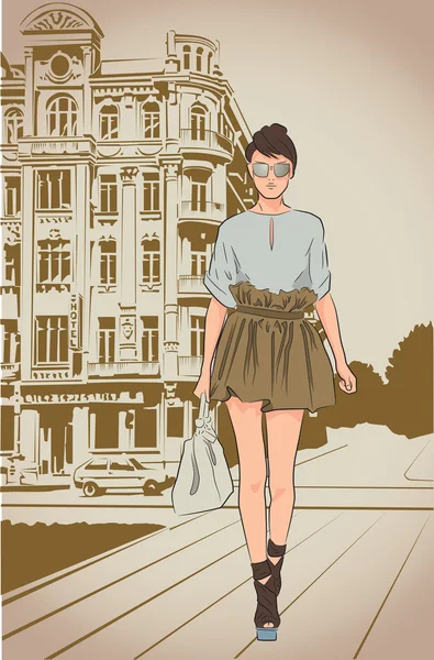 Chica de moda en una calle — Vector de stock