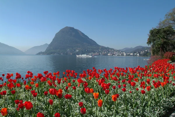 Sjön lugano utsikt från parken ciani — Stockfoto