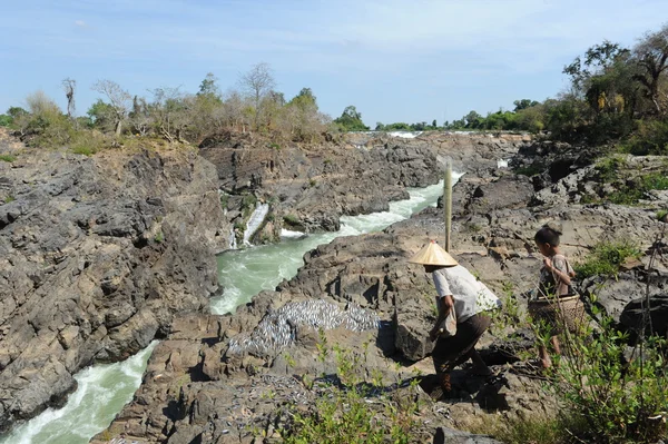 Rybaków w mekong rzeka na wyspie don khon, laos — Zdjęcie stockowe