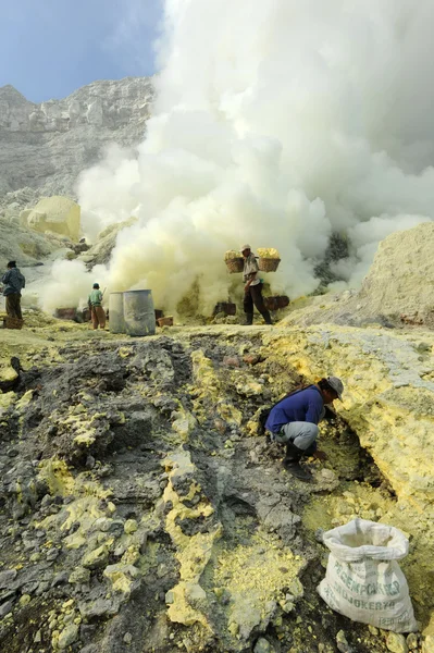 Arbete på en svavelklimp ovanpå en vulkan i Indonesien — Stockfoto