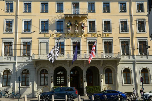 Bazel Zwitserland Oktober 2021 Uitzicht Hotel Les Trois Rois Bazel — Stockfoto