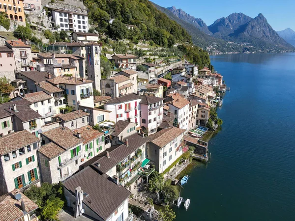Pohled Dron Gandrii Jezeře Lugano Italské Části Švýcarska — Stock fotografie