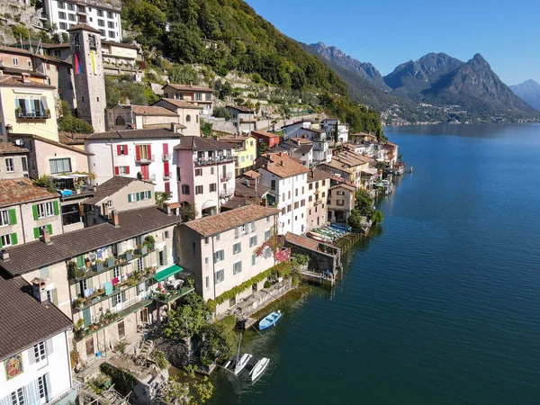 Pohled Dron Gandrii Jezeře Lugano Italské Části Švýcarska — Stock fotografie