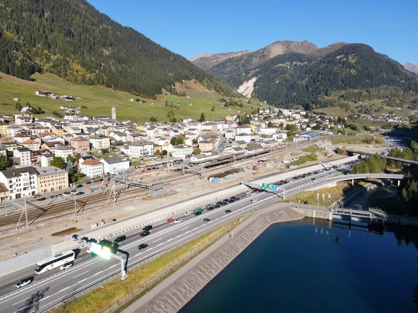 Cars Queue Waiting Enter Gotthard Motorway Tunnel Airolo Swiss Alps — Stock Photo, Image