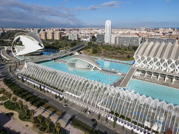 Drone Kilátás Város Művészeti Tudományos Építész Santiago Calatrava Valencia Spanyolország — Stock Fotó