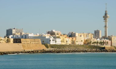 Cadiz, İspanya - 8 Ocak 2021: İspanya 'da Endülüs' te Cadiz kıyılarına bakın
