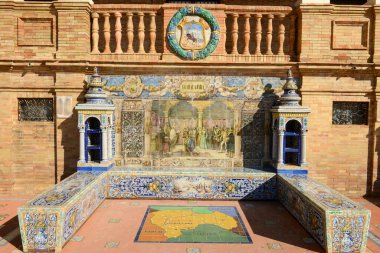 Seville, İspanya - 1 Ocak 2021: İspanya 'nın Endülüs bölgesindeki Sevilla' da Espana Meydanı