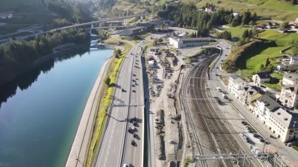 Drone View Cars Queue Waiting Enter Gotthard Motorway Tunnel Airolo — Stock Video