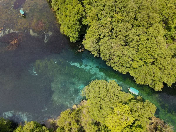Vista Del Dron Fuente Agua Dulce Saint Naum Macedonia —  Fotos de Stock