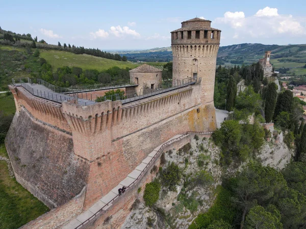 Drone Utsikt Över Fästningen Och Klocktornet Brisighella Italien — Stockfoto