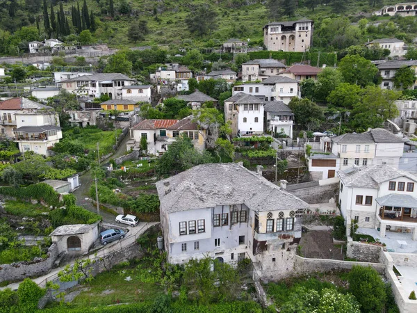 Vista Drone Cidade Gjirokastra Albânia Património Mundial Unesco — Fotografia de Stock