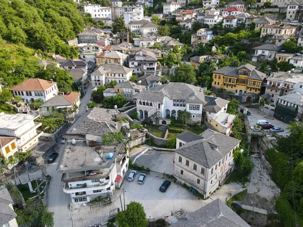 Pandangan Drone Kota Gjirokastra Albania Warisan Dunia Unesco — Stok Foto