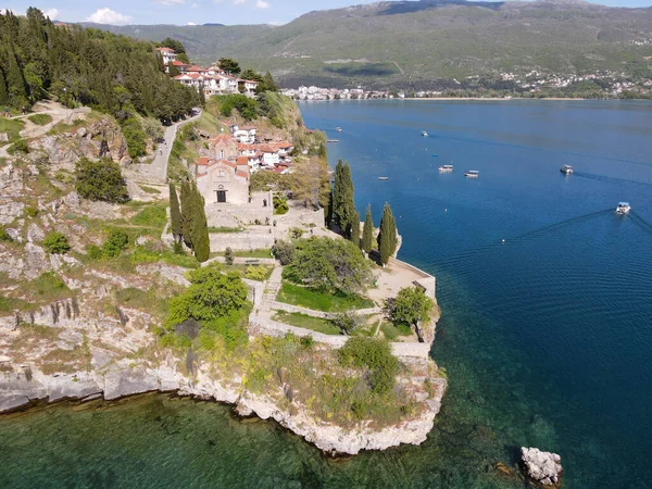 Drone Vista Sulla Chiesa San Giovanni Sul Lago Ohrid Macedonia — Foto Stock