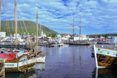 Husavik, İzlanda - 13 Temmuz 2022: İzlanda 'daki Husavik limanında görüş