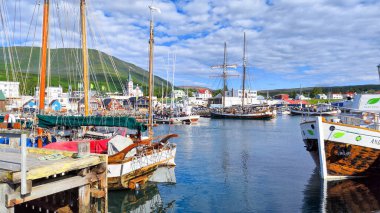 Husavik, İzlanda - 13 Temmuz 2022: İzlanda 'daki Husavik limanında görüş