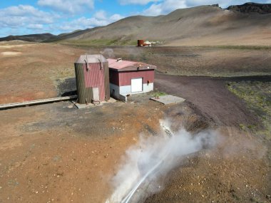 İzlanda 'daki Myvatn Gölü yakınındaki jeotermal parkın insansız hava aracı görüntüsü