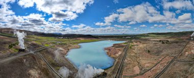 Drone view at geothermal park near lake Myvatn on Iceland