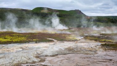 View at the geothermal field of Geysir on Iceland