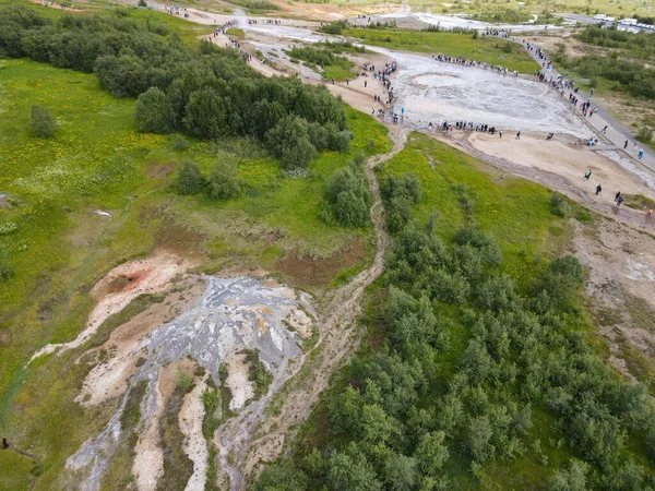 Drone View Geothermal Field Geysir Iceland — Stock fotografie