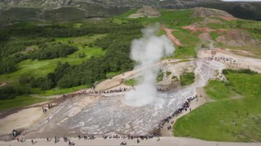 Drone view at the geothermal field of Geysir on Iceland