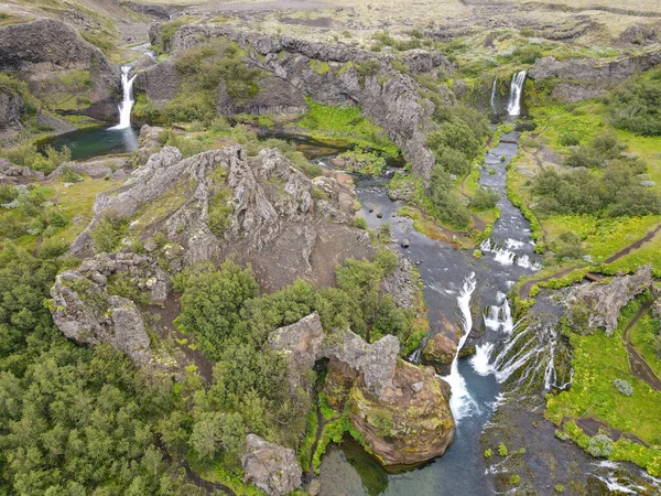 Drone View Waterfalls Gjain Iceland — 스톡 사진