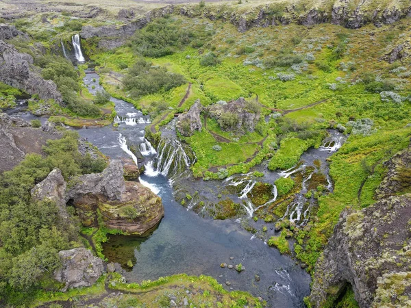 Drone View Waterfalls Gjain Iceland — Zdjęcie stockowe