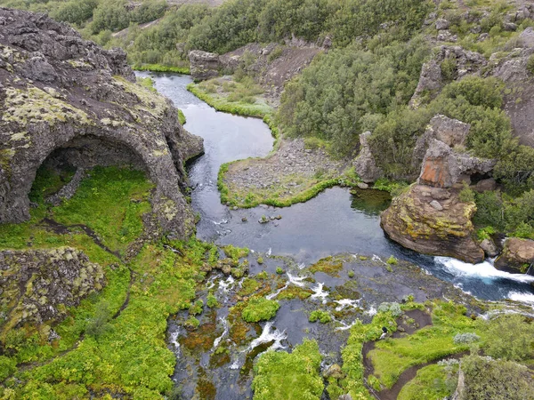 Drone View Waterfalls Gjain Iceland — Zdjęcie stockowe