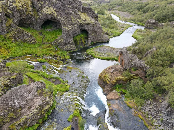 Drone View Waterfalls Gjain Iceland — Stockfoto