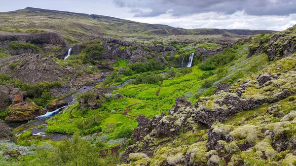 Drone View Waterfalls Gjain Iceland — 스톡 사진