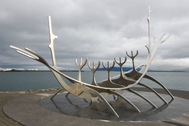 Sculpture of Solfar or Sun Voyager by the sea in the center of Reykjavik on Iceland