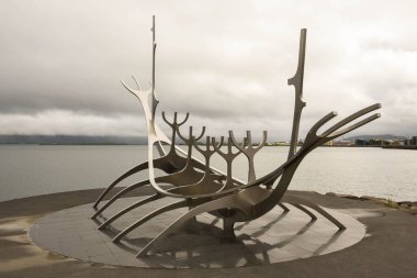 Sculpture of Solfar or Sun Voyager by the sea in the center of Reykjavik on Iceland