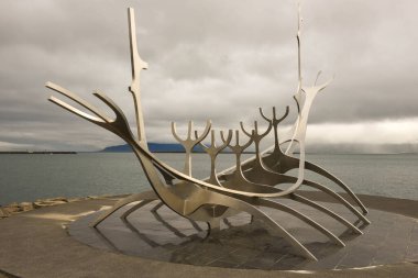 Sculpture of Solfar or Sun Voyager by the sea in the center of Reykjavik on Iceland