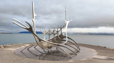 Sculpture of Solfar or Sun Voyager by the sea in the center of Reykjavik on Iceland