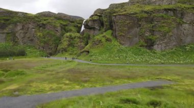 Drone view at Gljufrabui waterfall on Iceland