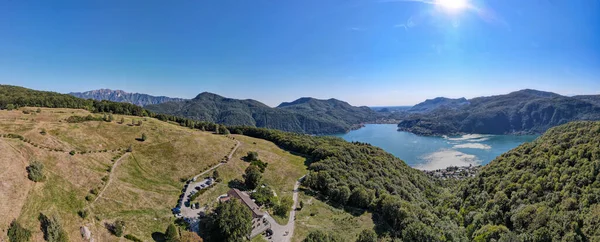 Vista Del Dron Alp Vicania Sobre Morcote Lago Lugano Suiza — Foto de Stock