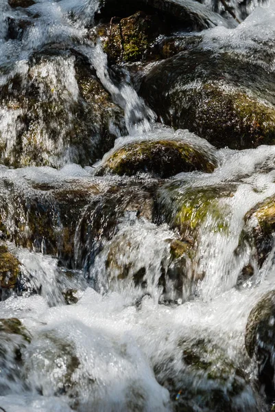 Movimiento de agua borrosa sobre rocas musgosas . — Foto de Stock