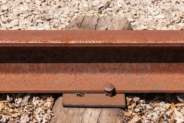 Detail zkorodované železnice kravatu a šroub. — Stock fotografie