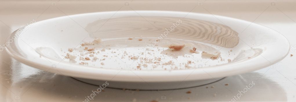 White plate with bread crumbs.