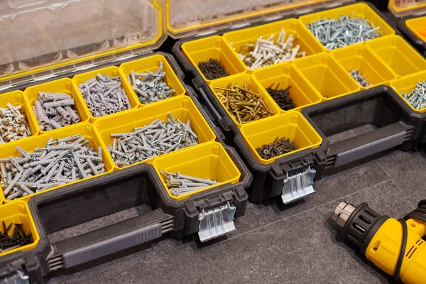 Two Storage Boxes Floor Small Construction Objects Many Storage Compartments — Stock Photo, Image