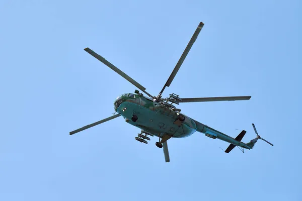 Flottans Helikopter Flyger Mot Klarblå Himmel Bakgrund Kopiera Utrymme Militär — Stockfoto