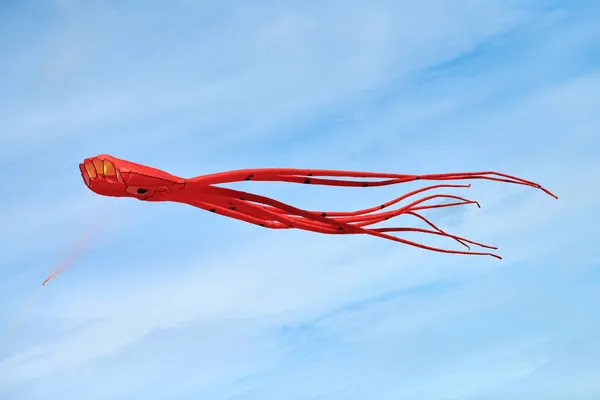 明亮的红粉色章鱼风筝在美丽而充满活力的蓝天和白云的背景下飞行 巨大的红章鱼形风筝 风筝节 斯韦特洛戈尔斯克 加里宁格勒州 — 图库照片