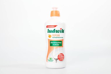 Kaliningrad, Rusya - 09.11.2021 Ludwik bulaşık deterjanı beyaz arka planda izole edilmiş. Hipo-alerjik bulaşık deterjanı. Çizgisiz ev bulaşıkları.
