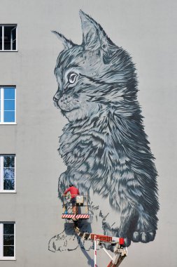 Zelenogradsk, Rusya - 07.30. 2021 - Gökyüzü çalışma platformunda duran grafiti sanatçısı ev duvarına kedi grafitisi çiziyor. Ev duvarına şirin kedi resmi çizmişsin. Kentsel alanın dekorasyonu