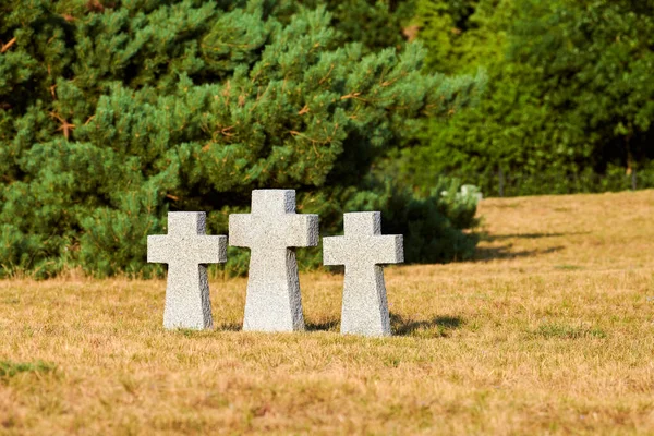 Katolsk Granitsten Korsas Tysk Militärkyrkogård Europa Minnesmärke Över Döda Soldater — Stockfoto