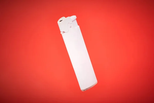 White Pocket Lighter Red Background Plastic Lighter Ignite Cigarettes Fireworks — Stock Photo, Image