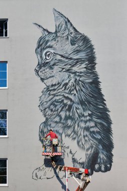 Zelenogradsk, Rusya - 07.30. 2021 - Gökyüzü çalışma platformunda duran grafiti sanatçısı ev duvarına kedi grafitisi çiziyor. Ev duvarına şirin kedi resmi çizmişsin. Kentsel alanın dekorasyonu