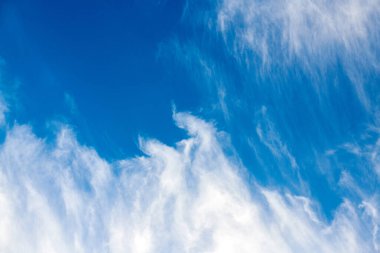 Mavi gökyüzünde sirus bulutları, kopyalama alanı, güzel bulutlar. Mavi gökyüzünde güzel beyaz bulutlar. Kısa aralıklı bulutlu hava arkaplanı