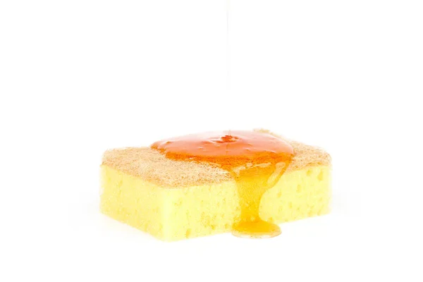Orange Detergent Pouring Yellow Cleaning Sponge Isolated White Orange Gel — Stock Photo, Image